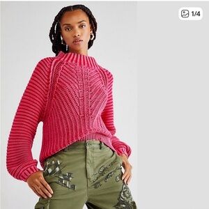 Free People Vibrant Pink Cable-Panel Crewneck Sweater